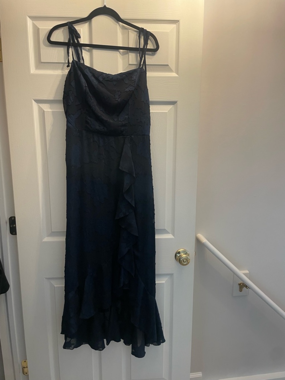 Emerald Sundae Navy Ruffle Tie-Shoulder Midi Dress